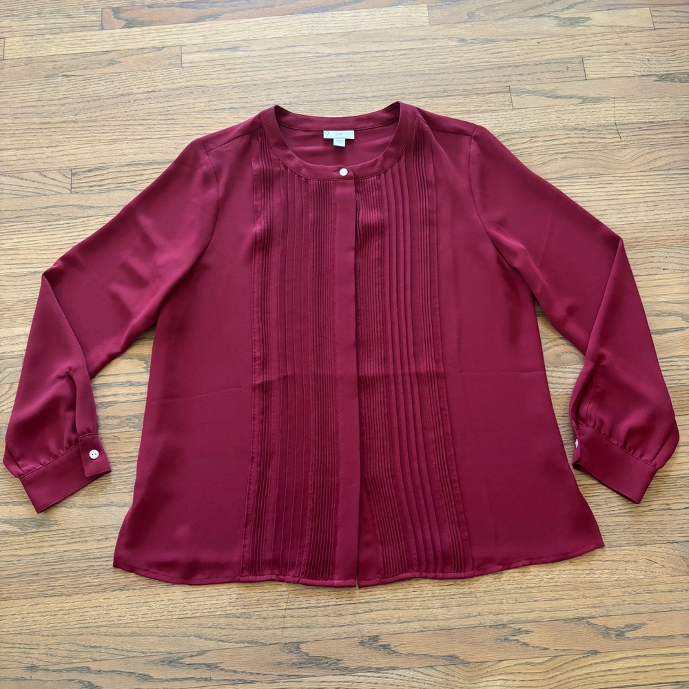 J. Jill Womens Medium Petite Maroon Red Pintuck Pleated Long‎ Sleeve Blouse Top